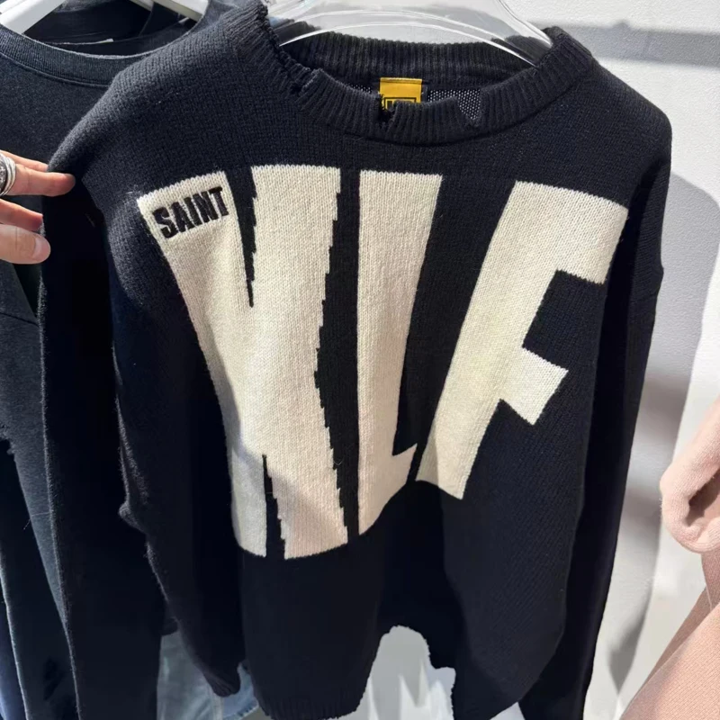 

SAINT Sweater Casual Embroidery Logo Jacquard Sweatshirt Fashion Destruction Neckline Saint Knitted Pullover New Arrivals
