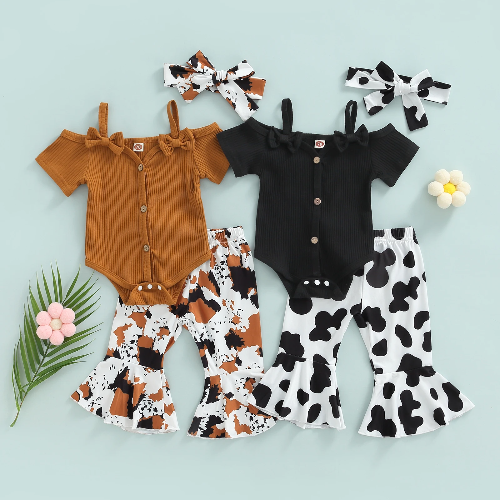 

2022-04-19 Lioraitiin 0-24M Newborn Infant Baby Girl 3Pcs Summer Clothing Short Sleeve Solid Bodysuit Top Flared Long Pants