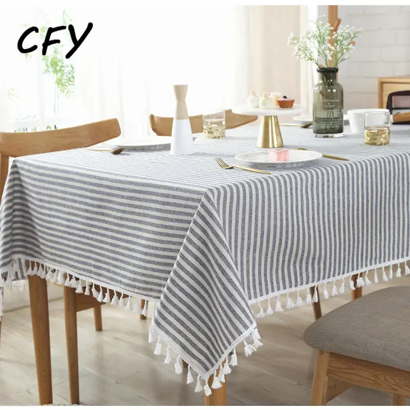 

American style Cotton Linen Simple Striped Tablecloth Plain Tassel Tablecloth Table Cloth Cotton Linen Tablecloth Cover Towel