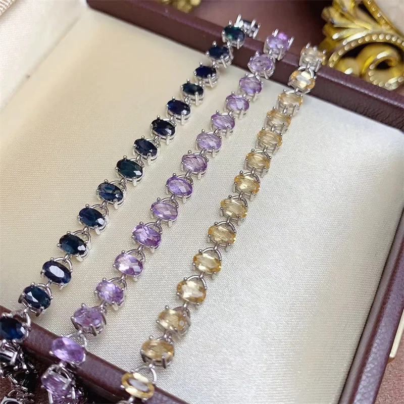 

Real 925 Sterling Silver Natural Bracelet for Women Sapphire Citrine Amethyst Tennis Bracelet Christmas 15+3cm with Certificate