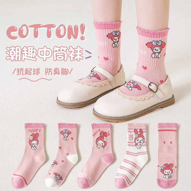 5 Pairs Sanrio  Kids Socks Melody Kawaii New Fall Winter Cartoon Children Mid-calf Socks Cotton Sock for Girls