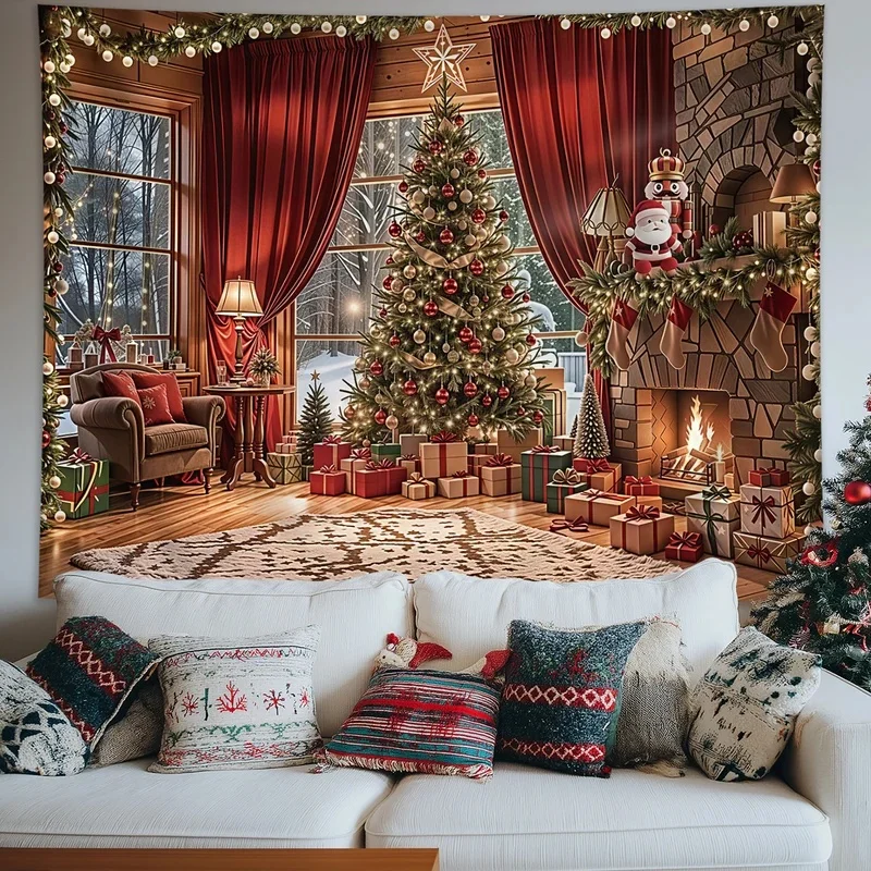 VIKAMA Christmas Living Room Tapestry Fireplace Xmas Tree Gift Box Wall Hanging Holiday Party Photo Background