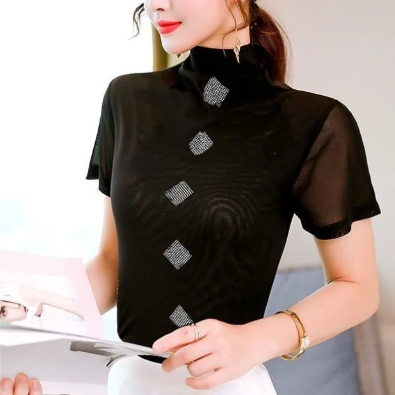 2024 Summer New Fashion Commute Diamonds Geometric Printed Slim Short Sleeve Turtleneck T-shirt Gauze Thin Women's Clothing Tops