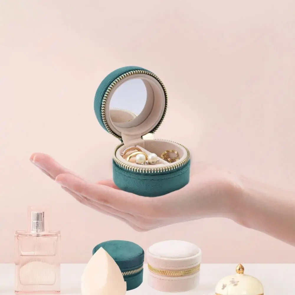 صندوق حلقي مستدير محمول بسحاب مخملي حقيبة تخزين أقراط صغيرة وقلادة منظم للسفر