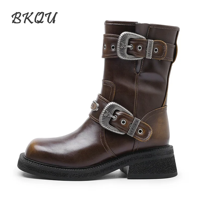 BKQU Design Sense Square Head Western Cowboy Boots Women 2024 New Fall Maillard Thick Heel Brown Mid-calf Boots Metal Decoration