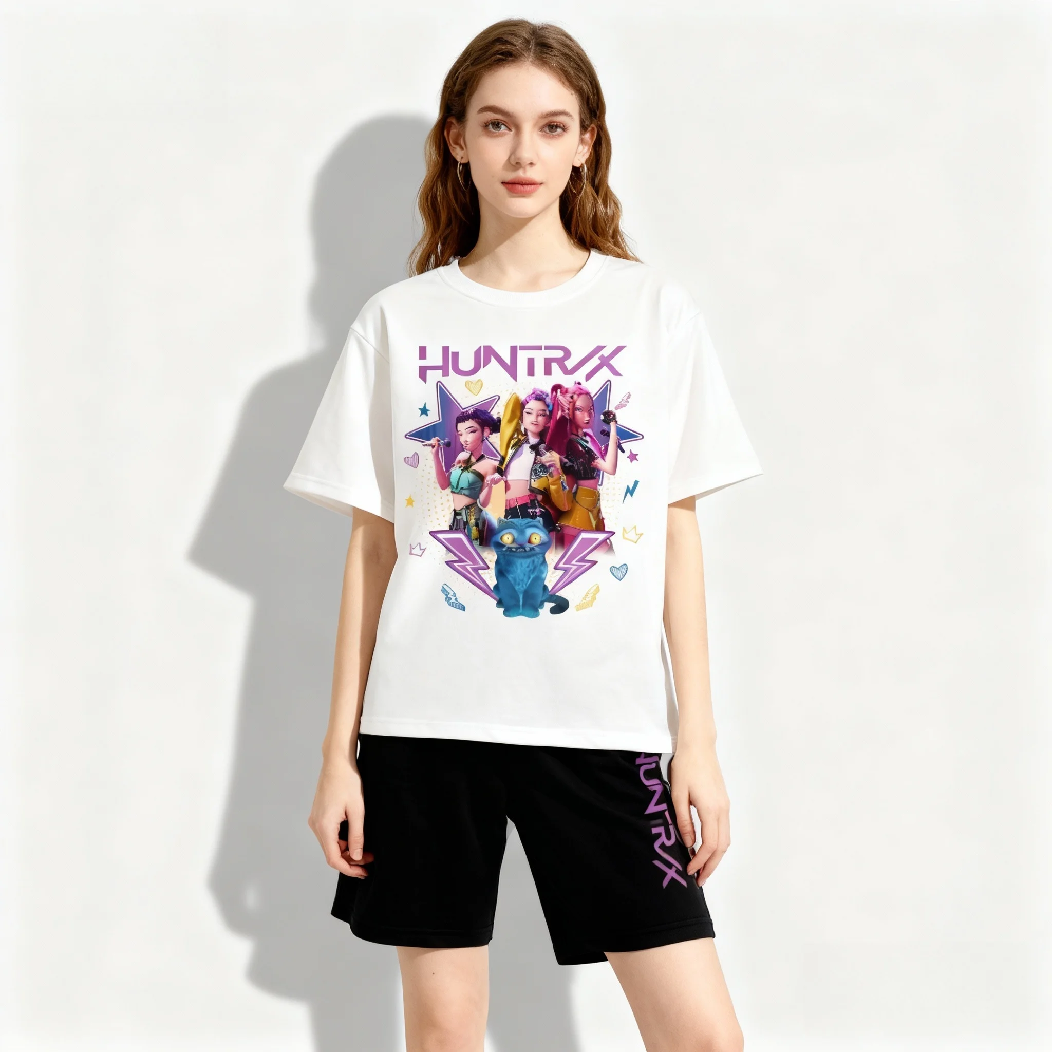 

Летний KPOP Witch Hunt Sweet Cool Set, уличная футболка в американском корейском стиле, шорты, ленивый стиль, большие размеры для женщин, взрослых и детей