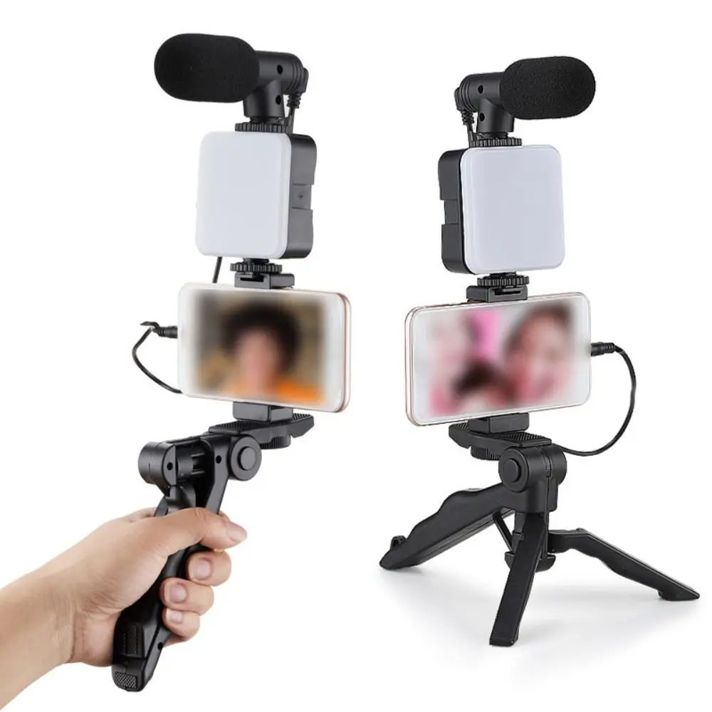 Rotating LED Fill Light Desktop Stand Set Handheld Tripod with Light and Microphone Phone Stand Stabilizer Lightweight Portable
