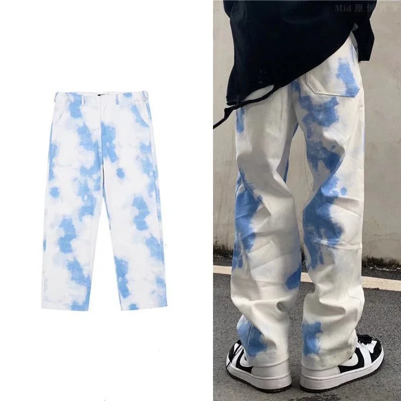 2022 New Tie Dyed Jeans Men's Loose Straight Tube Mopping American Wide Leg Overalls Pants High Street Fashion