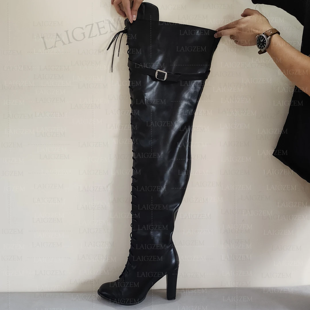 BERZIMER Women Over Knee Boots Wide Calf Friendly Full Zipper Thick Heels Tall Boots Faux Leather Shoes Woman Big Size 43 45 52