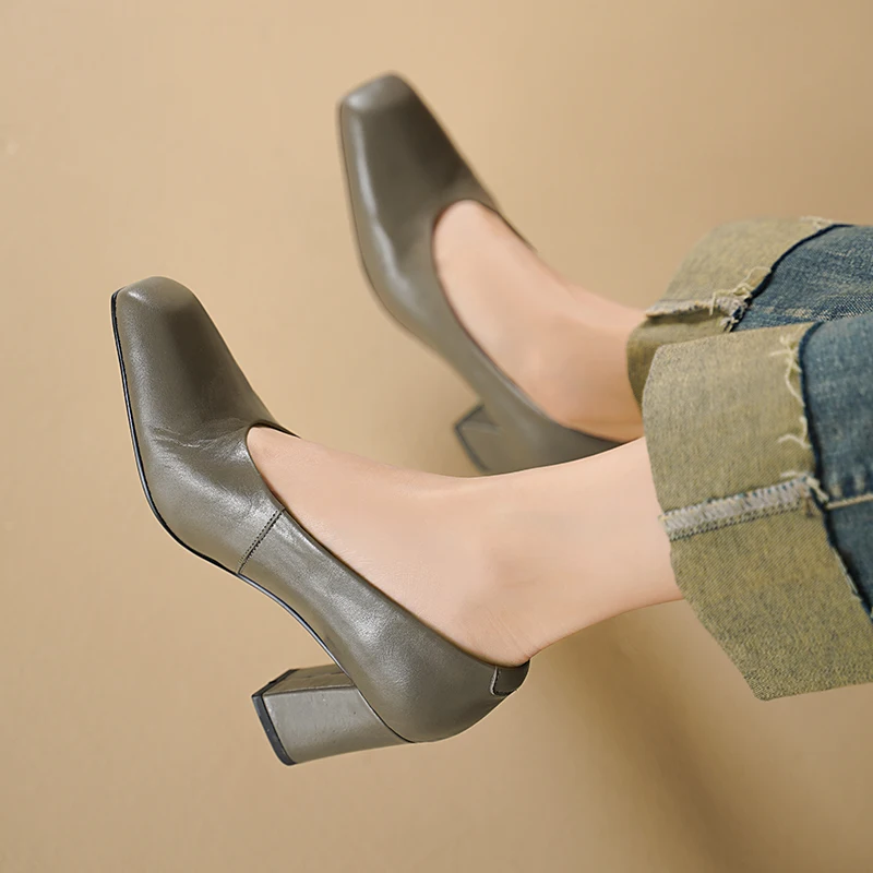 EAGSITY cow leather pumps women shoes high heel square toe chunky heel block heel dress fashion shoes wedding party