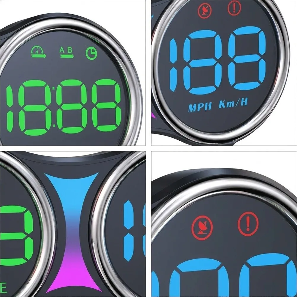 Car HUD Speedometer Display with Digital Dashboard Cluster Showing Vehicle Speed Altitude Compass and KM MPH Unit Switching