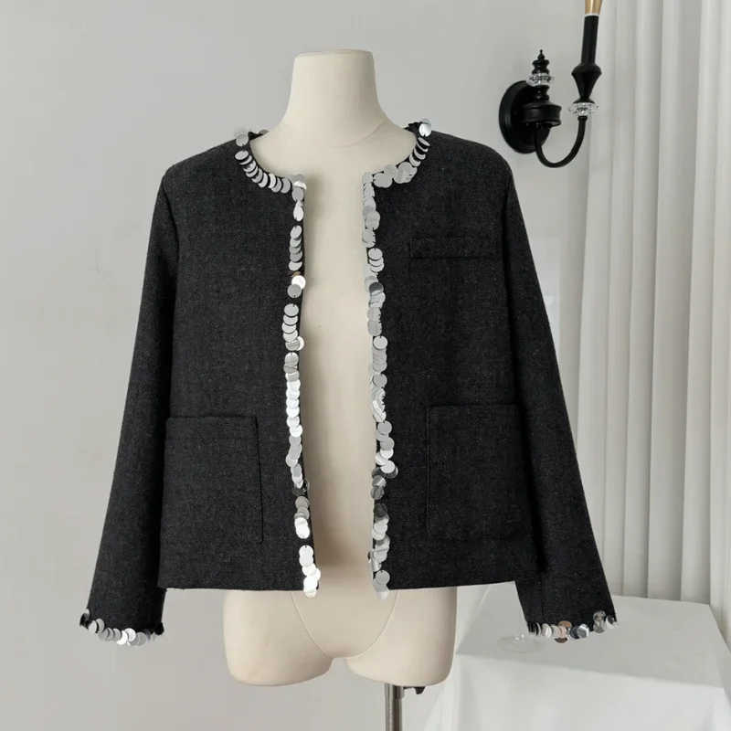 Sequined Small Fragrant Woolen Jacket for Women Winter New Casual Loose Retro Round Neck Buttonless French Chic Short Jacket