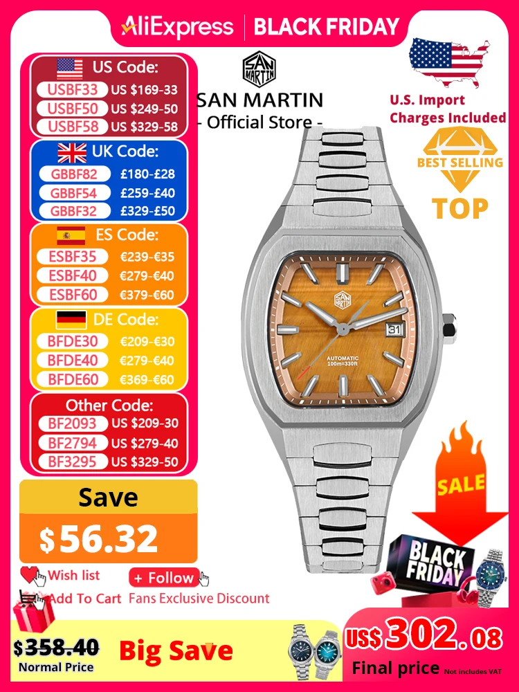 

San Martin 39,5 мм Tonneau Роскошные мужские часы с минеральным циферблатом Повседневные спортивные PT5000 SW200 Автоматические механические сапфировые светящиеся SN0145