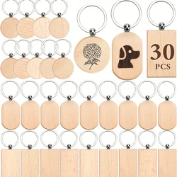 30 Pieces Wood Keychain Blanks 3 Shapes Laser Engraving Blanks Key Chain Unfinished Wood Keychains Bulk for DIY Crafts Gift