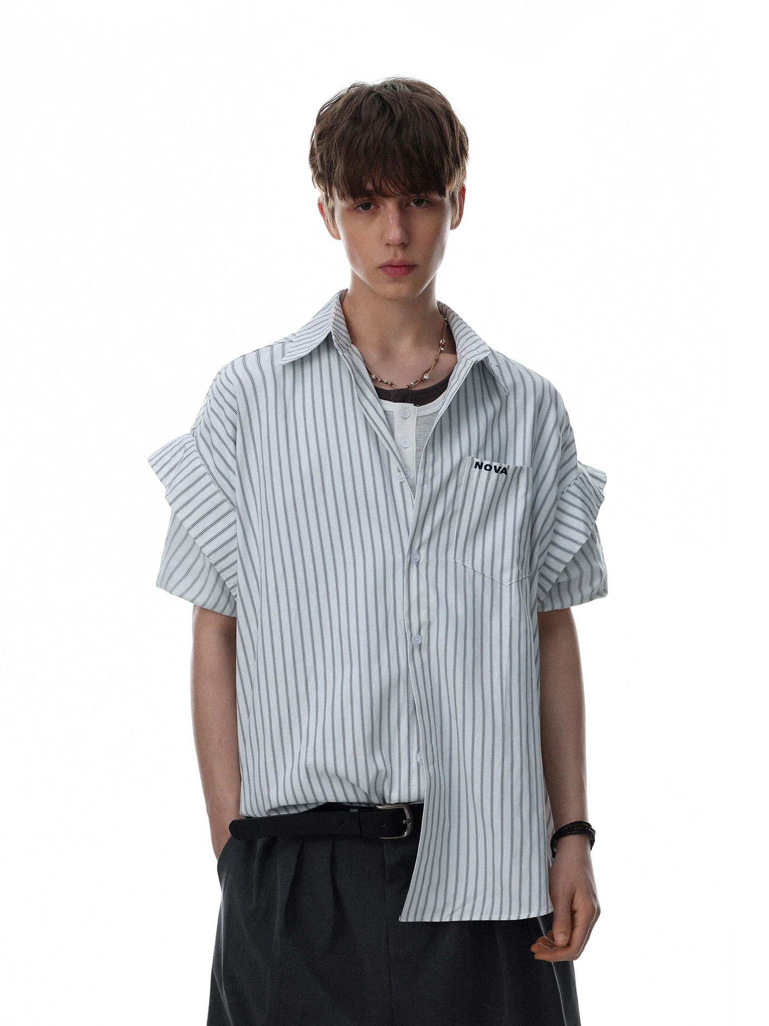 MRNEARLY American Retro Striped Short Sleeve Casual Shirt Men Loose Fit Summer Double Layer Sleeve Sun Protection Cotton Poly...