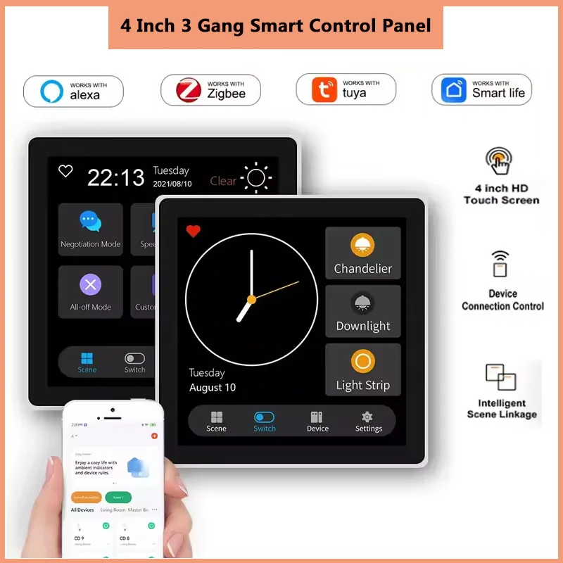 Tuya Zigbee 4 Inch LCD Touch Screen Smart Scene Panel &3 Gang Relay Switch 2 in 1 Multi-Function Built-In Alexa Central Gateway