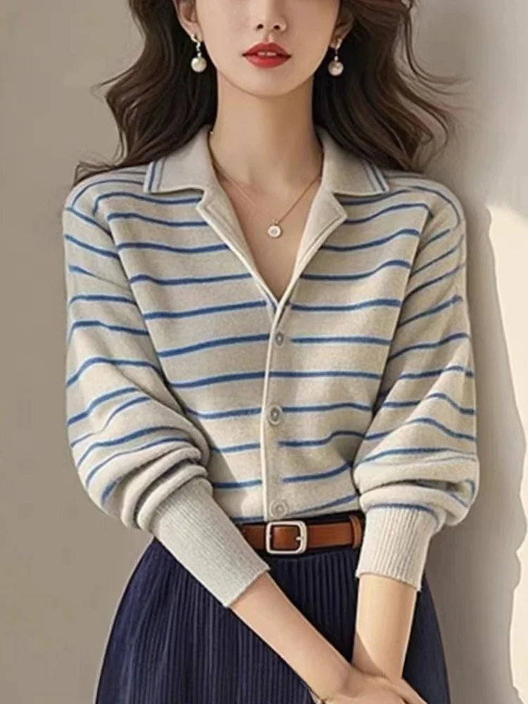 

Korean Sle Lazy Color Blo Striped Knitted Open Cardigan Casual Slimming Base Layer Long Sve Top for Younger Look