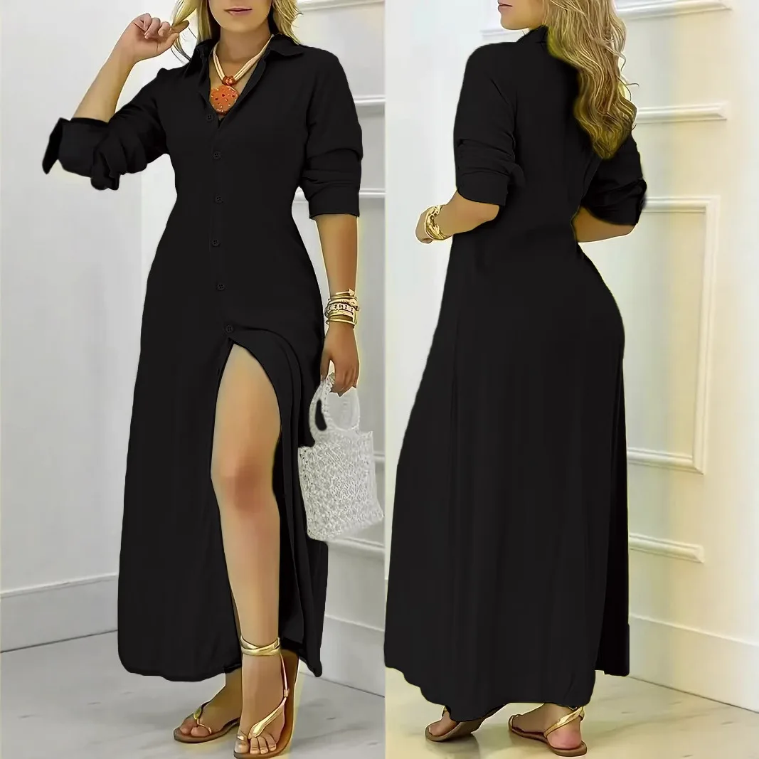 Eleganckie długie sukienki jesienne do biura, nowa moda, codzienne, jednolite, z kołnierzykiem, z długim rękawem, zapinane na guziki, sukienki koszulowe dla kobiet.