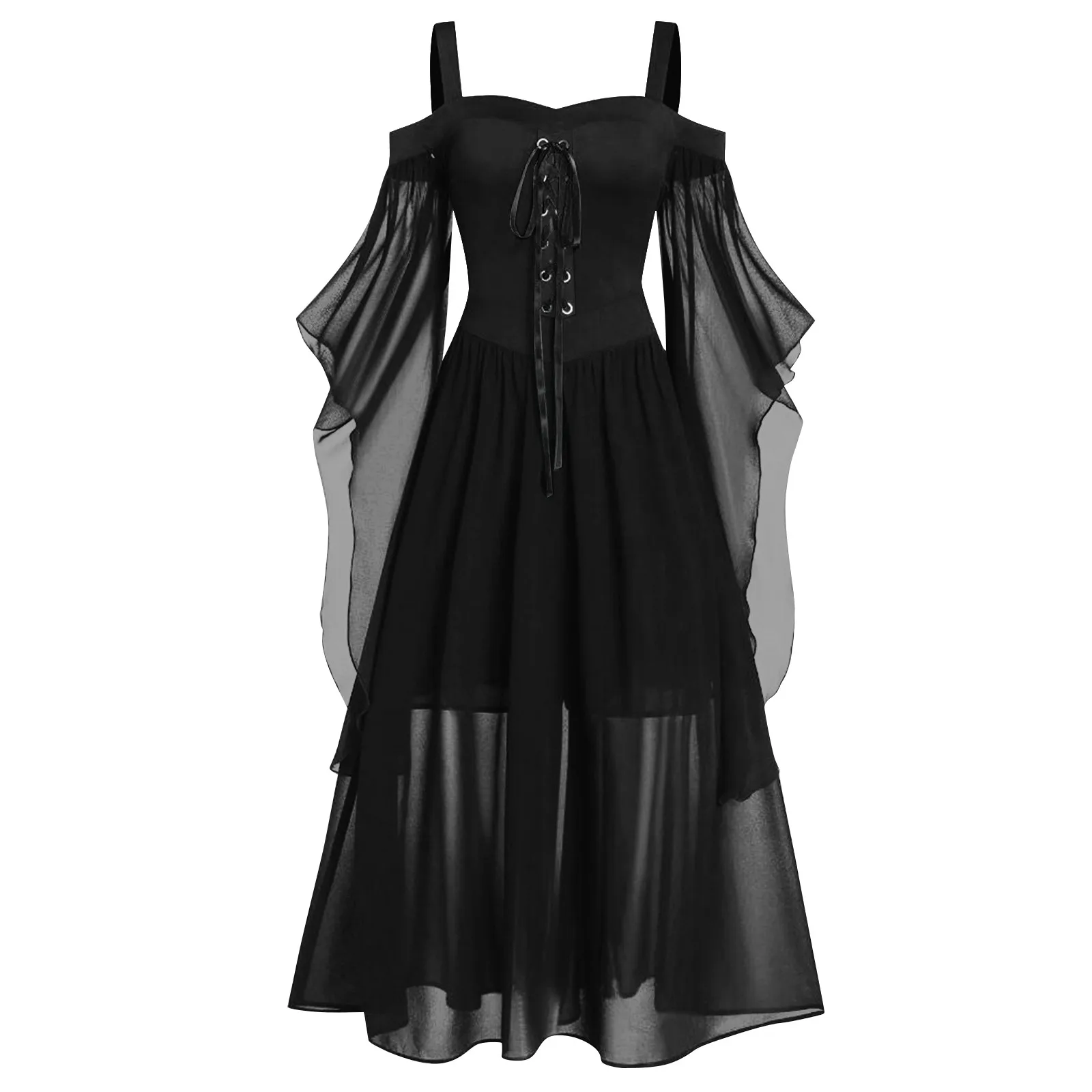Womne Plus Size Halloween Jurk Koude Schouder Vlinders Mouw Kant Gotische Stijl Kostuums Retro Mesh Splitsing Kostuum