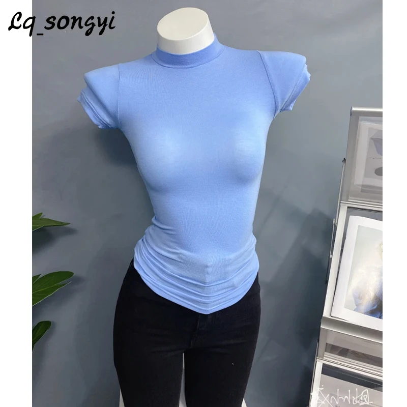 

Lq_songyi Mock Neck Thin T Shirts Spring Summer See-through Tops Short Sleeve Women Top Sold Slim Fit High Strecth T Shirts