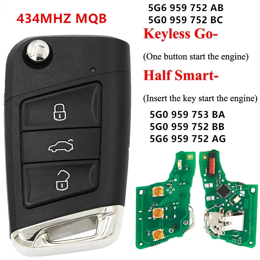 

KEYECU Replacement Keyless Flip Remote Key Fob 3 Button 434MHZ MQB for Volkswagen MQB Golf VII MK7, for Skoda Octavia A7 2017