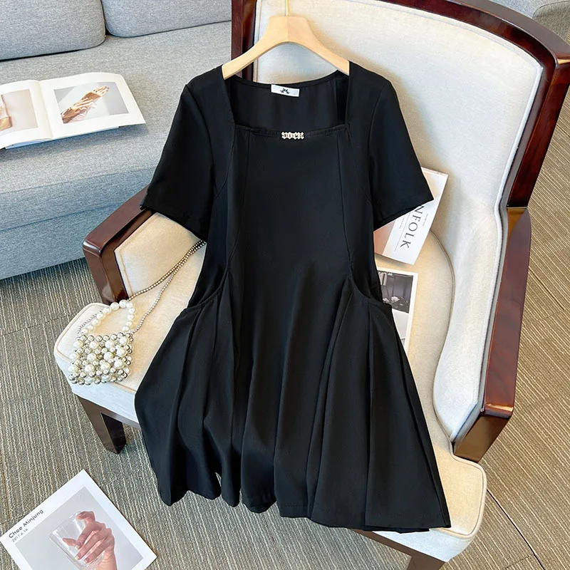 Plus Size 150Kg Women Bust 145cm Summer Solid Loose Dress Black Color Lareg Size 5XL 6XL 7XL 8XL 9XL 10xl