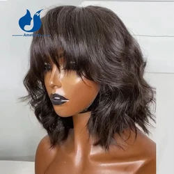 Amethyst Wolf Layered Cut Short Wavy Hair Natural Black with Bang Scalp Top Wig Full Machine Made Human Hair Short Bob Wig Remy