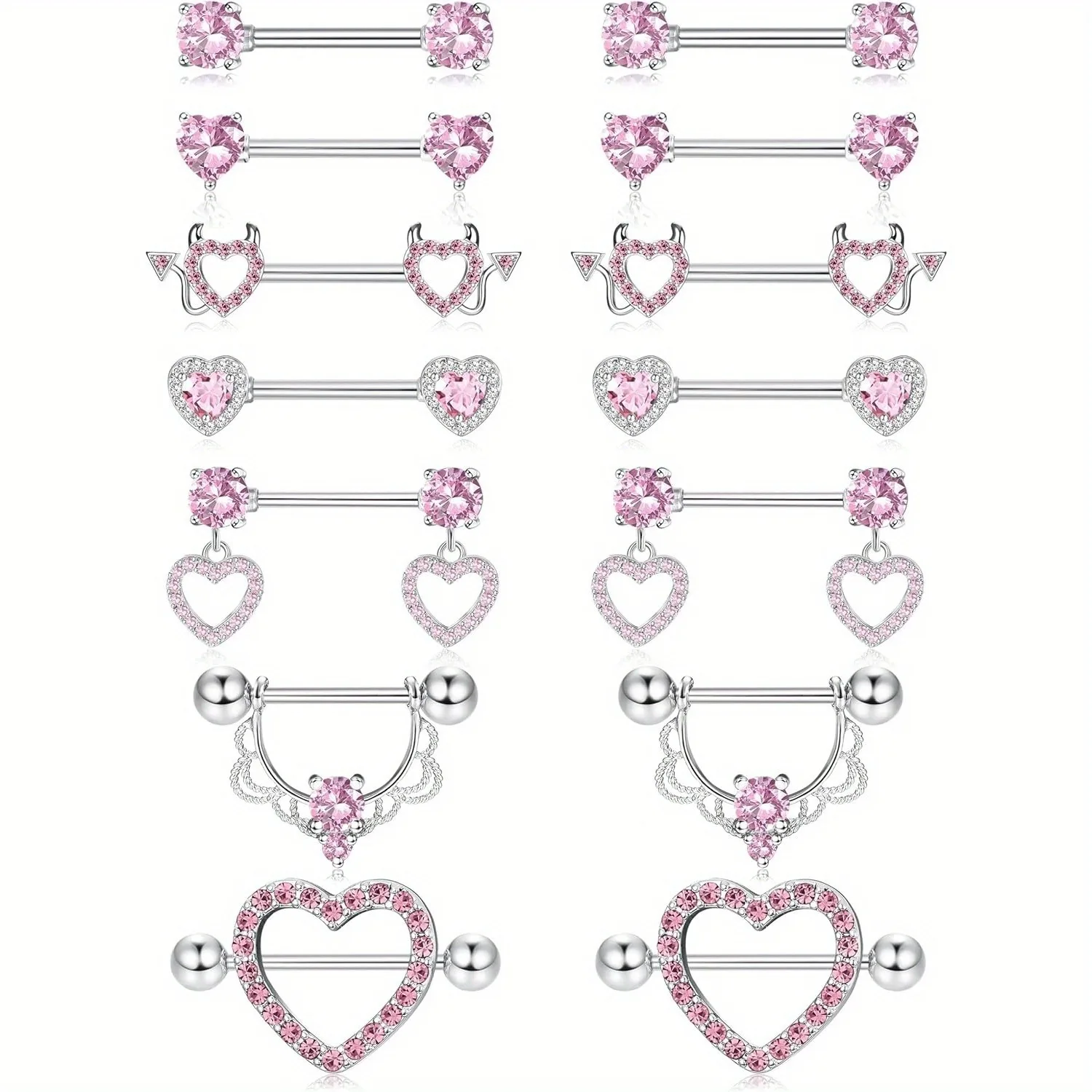 

Florideco 7 Pairs Surgical Steel Heart Barbell Tongue Rings Set Cute Nipple Rings CZ Pink Sweet Body Piercing Jewelry for Women