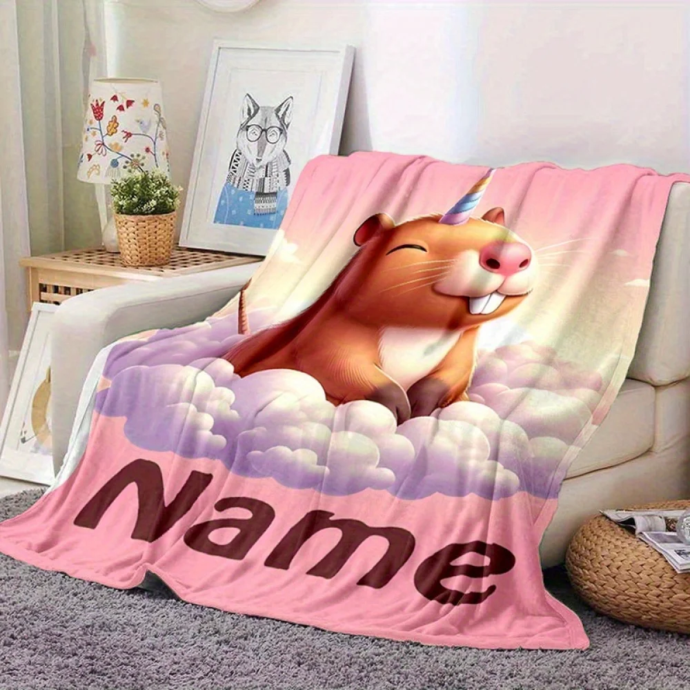 اسم شخصي بطانية كابيبارا السحابية القابلة للتخصيص، قابلة للغسل في الغسالة لجميع المواسم، سرير سفر منزلي للتخييم العالمي