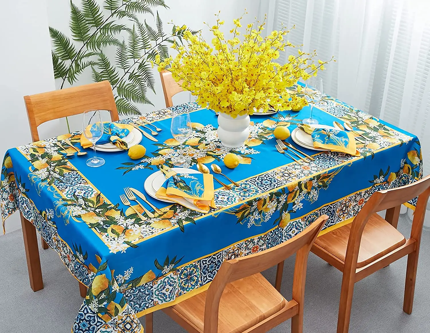 Blue Lemon Mediterranean Tile Waterproof Tablecloth Wedding Decorations Spring Rectangle Tablecloth for Picnics Party Decor