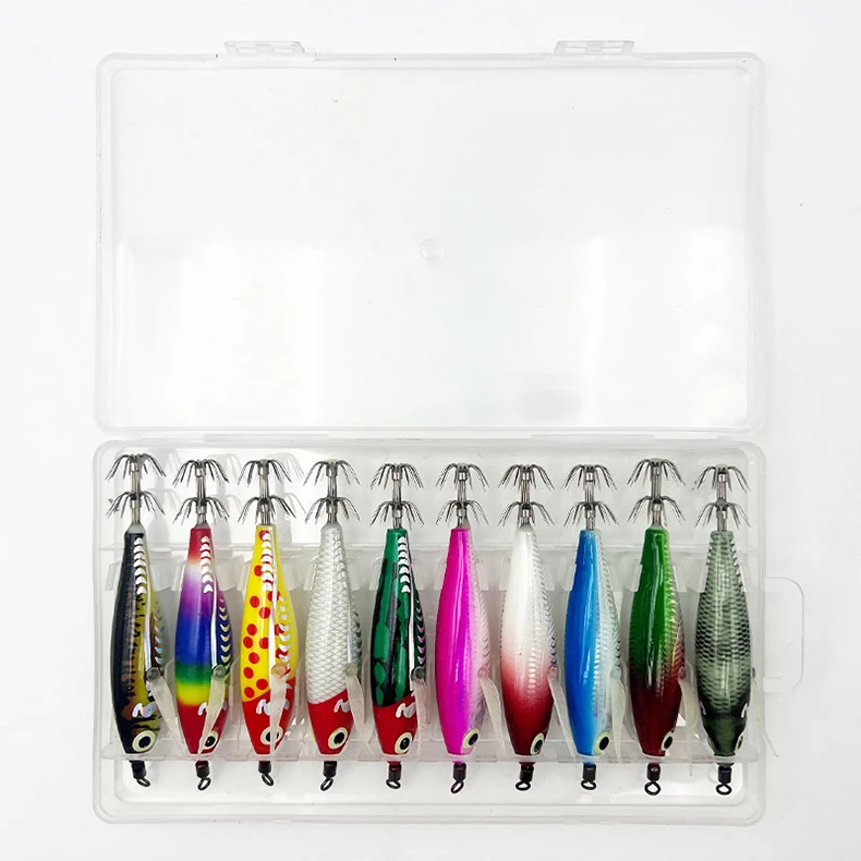 ShareShark 10 Stück/Box Leuchtendes horizontales Garnelen- und Tintenfischhaken-Hartköder-Set, geeignet für Meeresangeln auf Tintenfische und Oktopus. – Detail 1