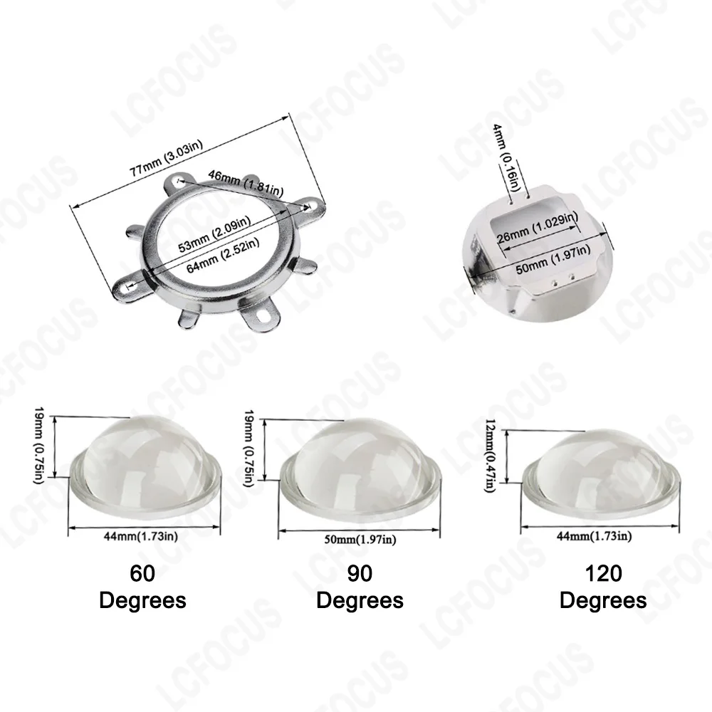 Imagem -02 - Conjunto de Lentes Led de 44 mm Vidro Óptico de 60 90 120 Graus Mais Colimador de Espelho de 50 mm Mais Suporte Fixo Adequado para Chip Led Cob de 20 w 30 w 50 w 100 w 1