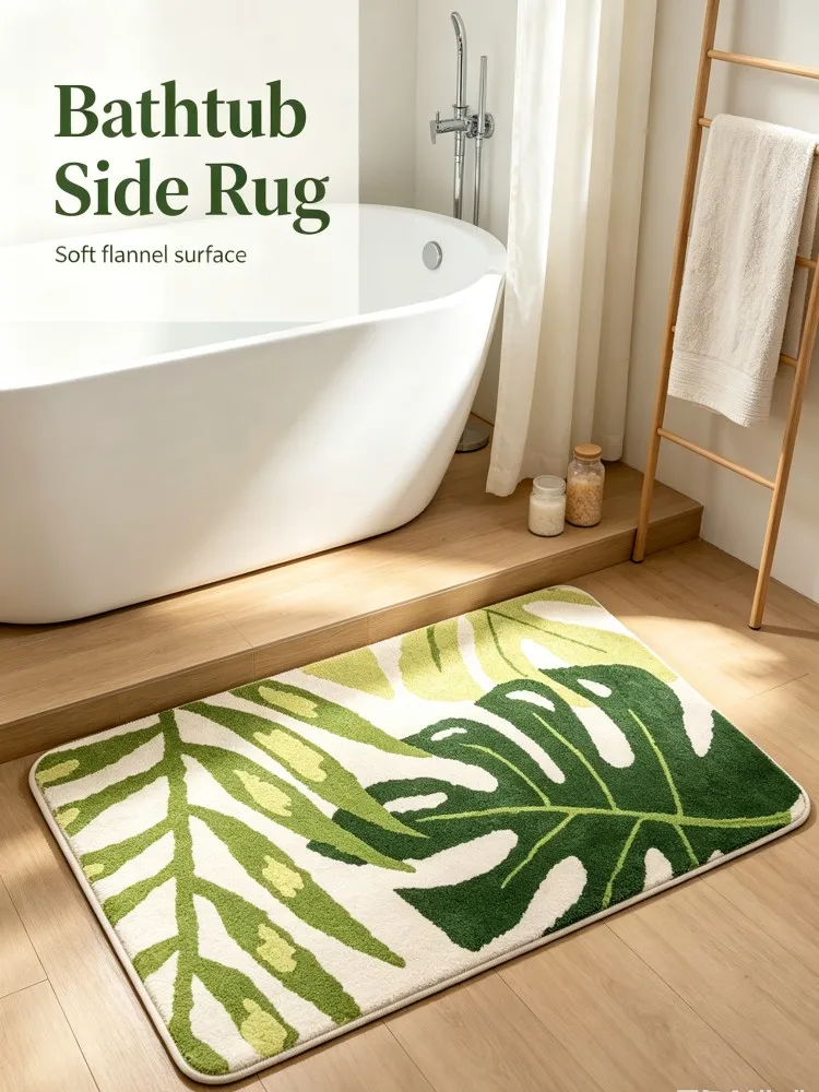 Tropical Green Monstera Leaf Bath Mat Flannel Absorbent Bathroom Rug Non‑Slip Shower Doormat Home Bedroom Kitchen Floor Decor Ca