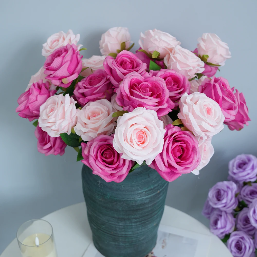 3 grandes roses artificielles, 3 têtes de roses, grandes fleurs de roses avec longue tige, fausses roses pour centre de table de mariage, décoration de la maison
