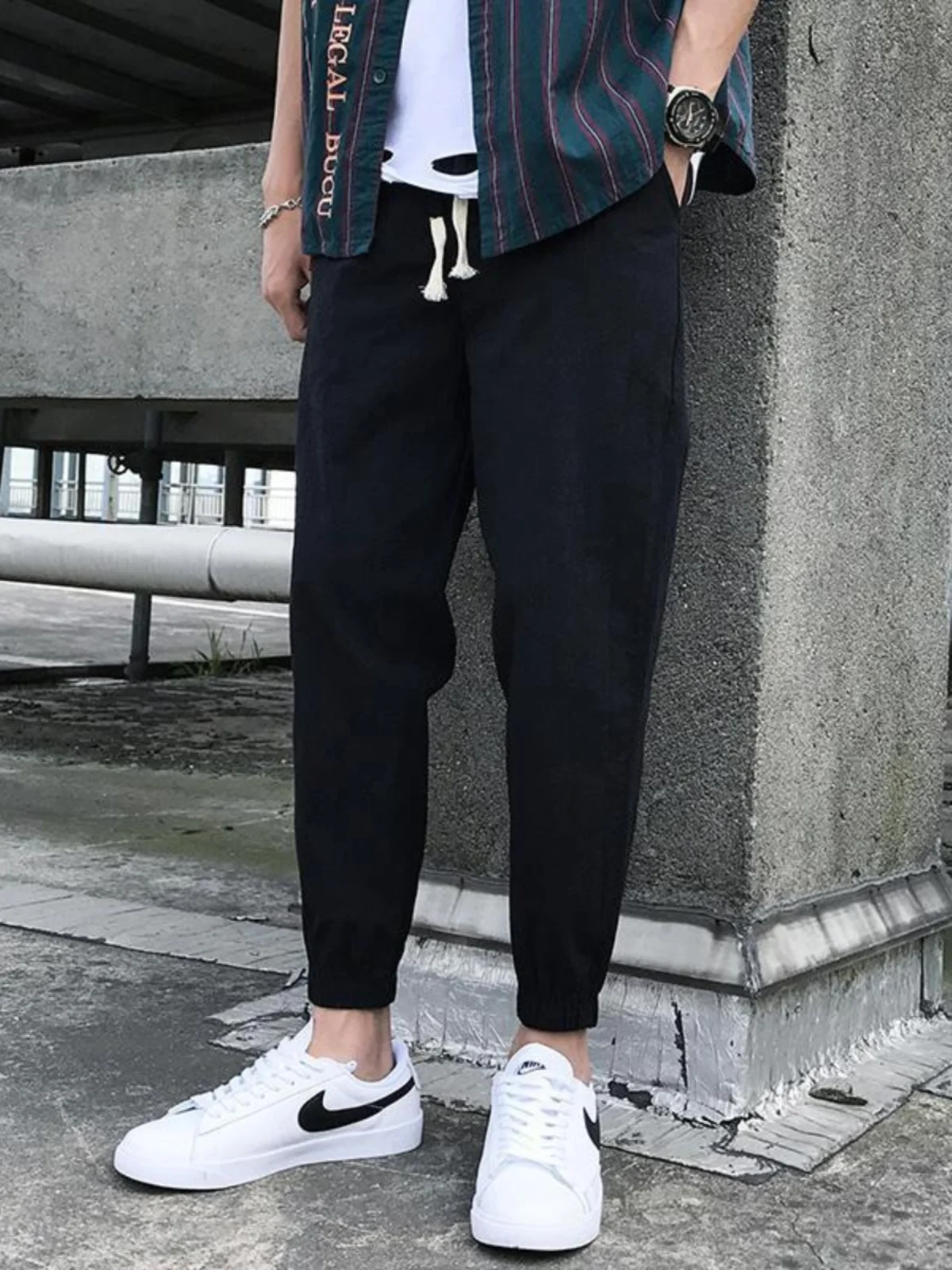

Men's Cotton Linen Casual Pants Summer New Loose Cuffed Sports Sweatpants Trendy Bla Linen Nine Pants High Waist Youthful