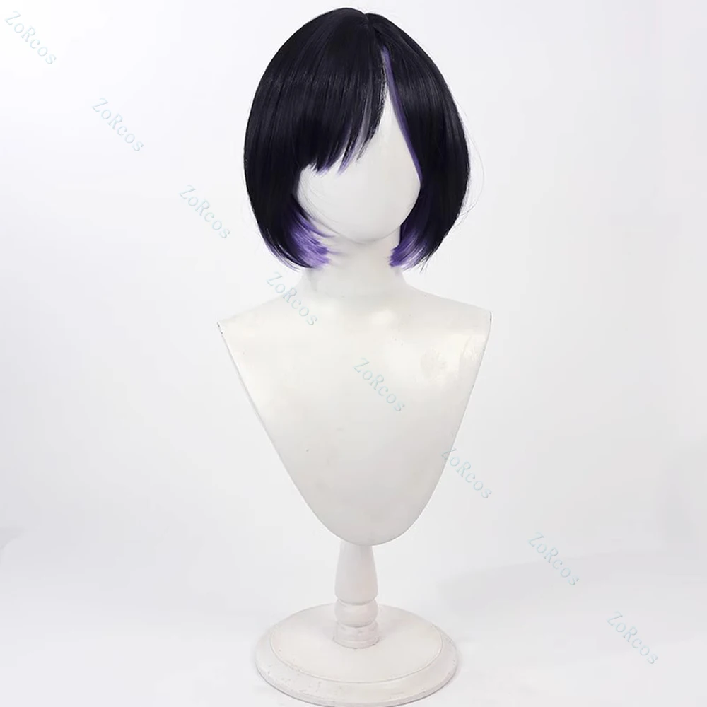 TEK KEN 8 Reina Cosplay Costume Headwear Prop Wig Black Purple Color Blocking Short Hair with Free Wig Cap