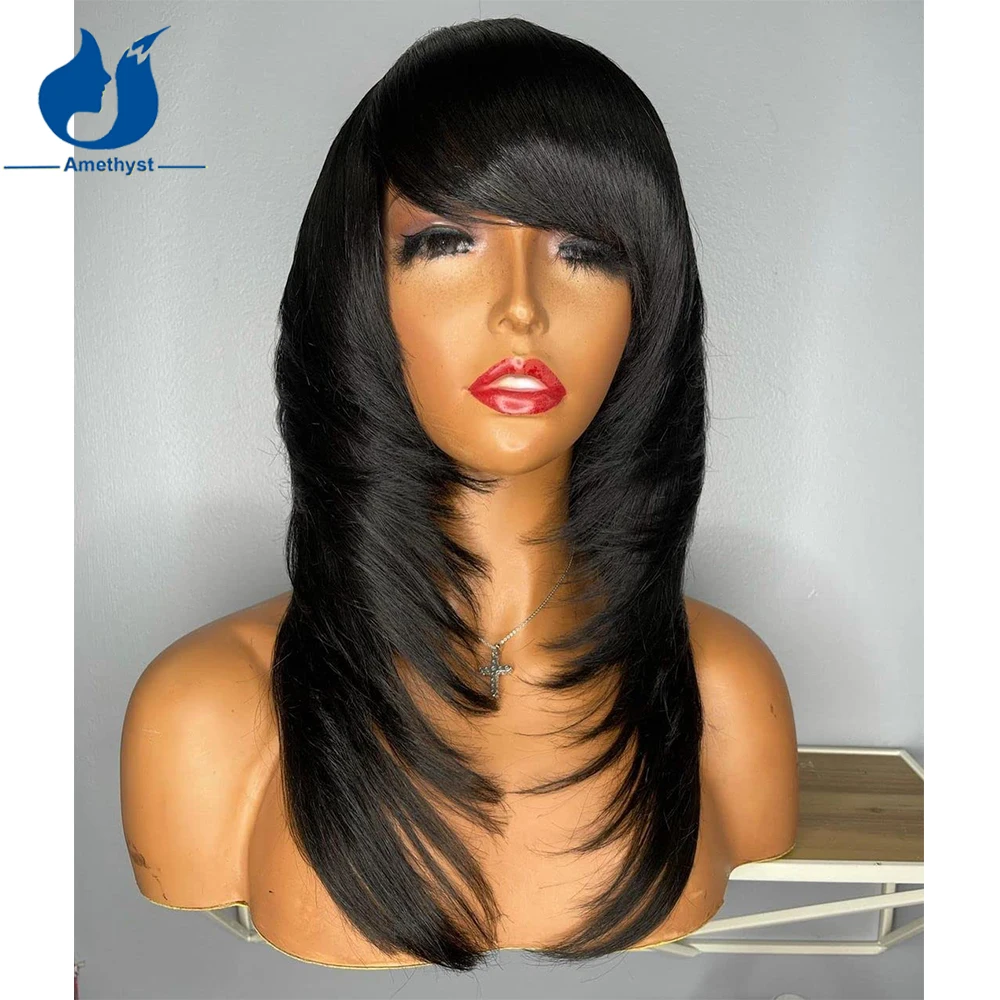 

Amethyst Layered Wig Human Hair with Bangs Full Miachine Made Straight Scalp Top Bob Wig Brazilian Remy 100% Human Hair Wigs