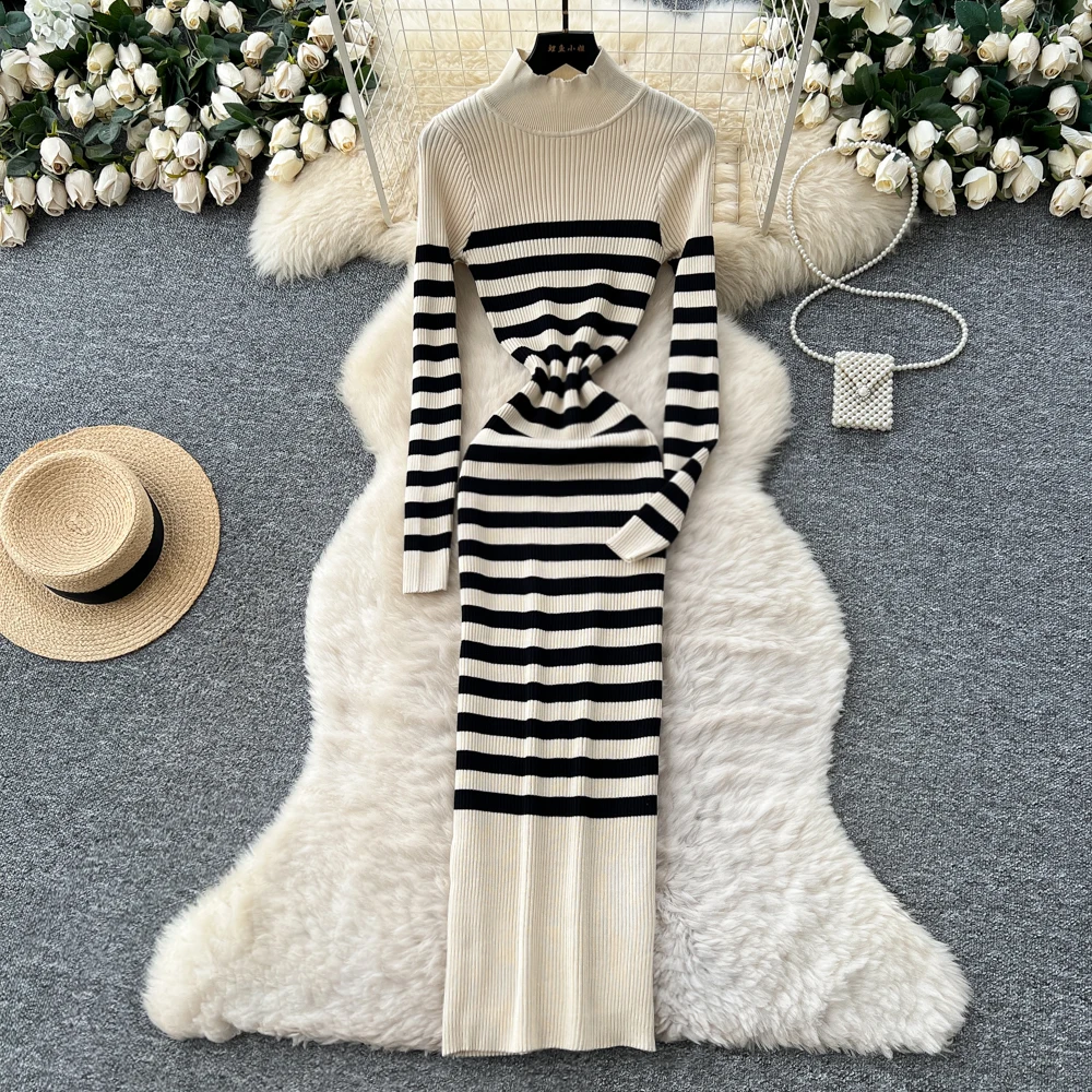 Chic vintage tejido manga larga elegante Hada moda coreana otoño vestido veraniego ropa de mujer vestido