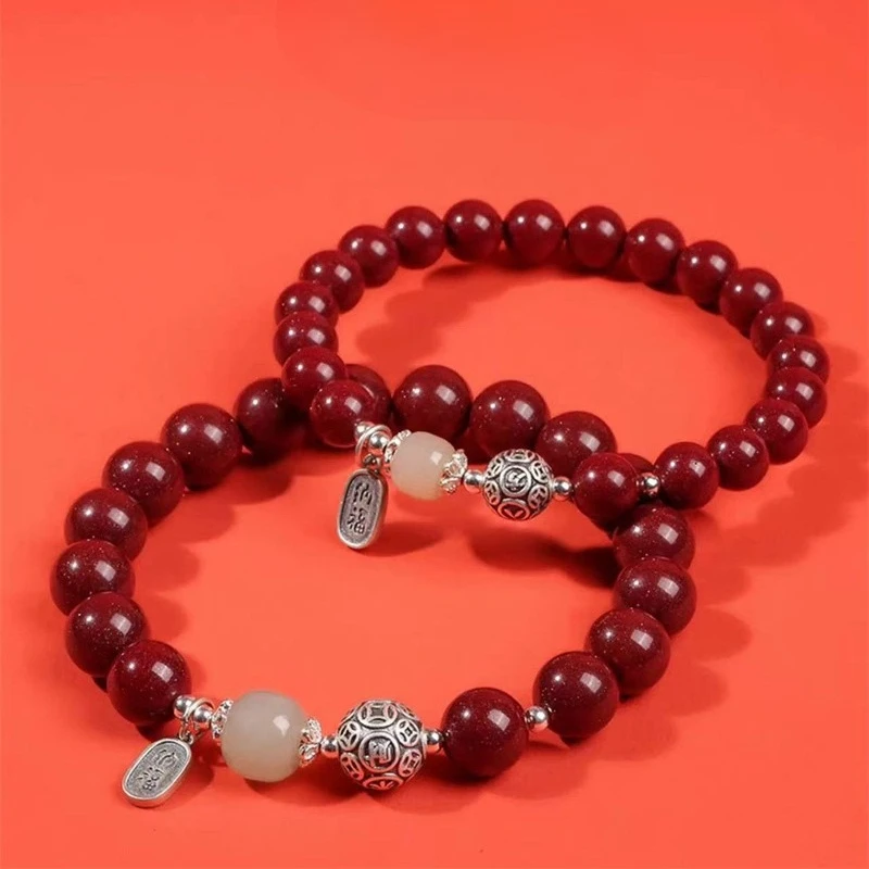 Chinese Style Lucky Cinnabar Bracelet 925 Sterling Silver Hetian Jade Beads 8mm 10mm Couple Blessing Good Luck Wealth Feng Shui