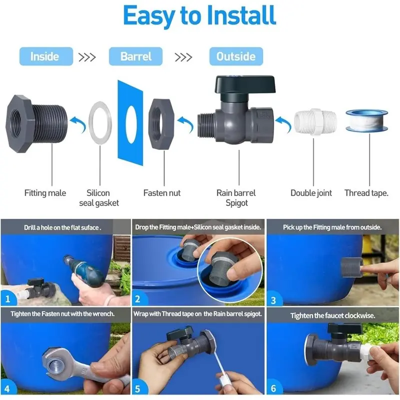 PVC Rainwater Bucket Faucet Kit(2Sets), 3/4 Inch Splitter, Partition Joint Included, Garden Faucet Adapter