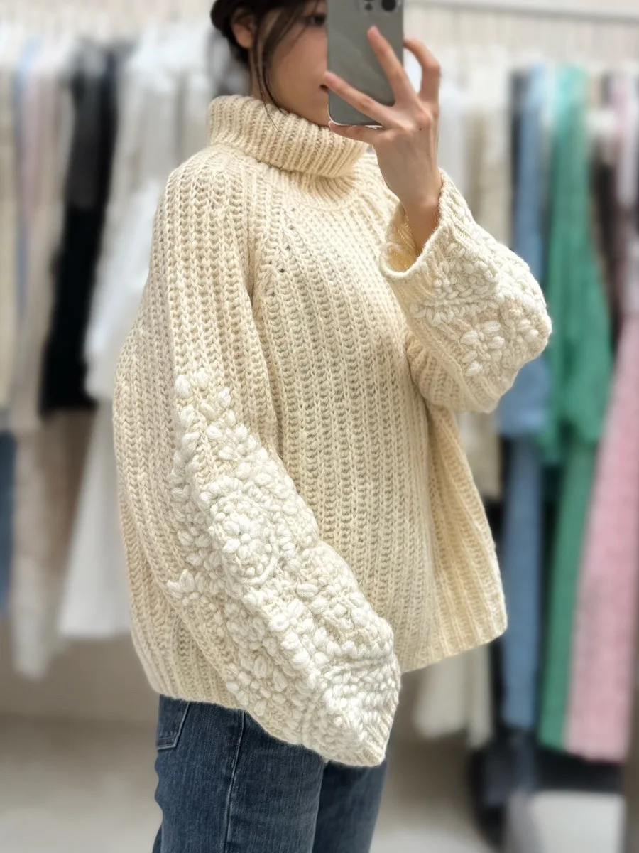 Autumn Winter Women Thick Warm Turtleneck Sweater Handmade Embroidery Beige Loose Wool Knitted Pullover