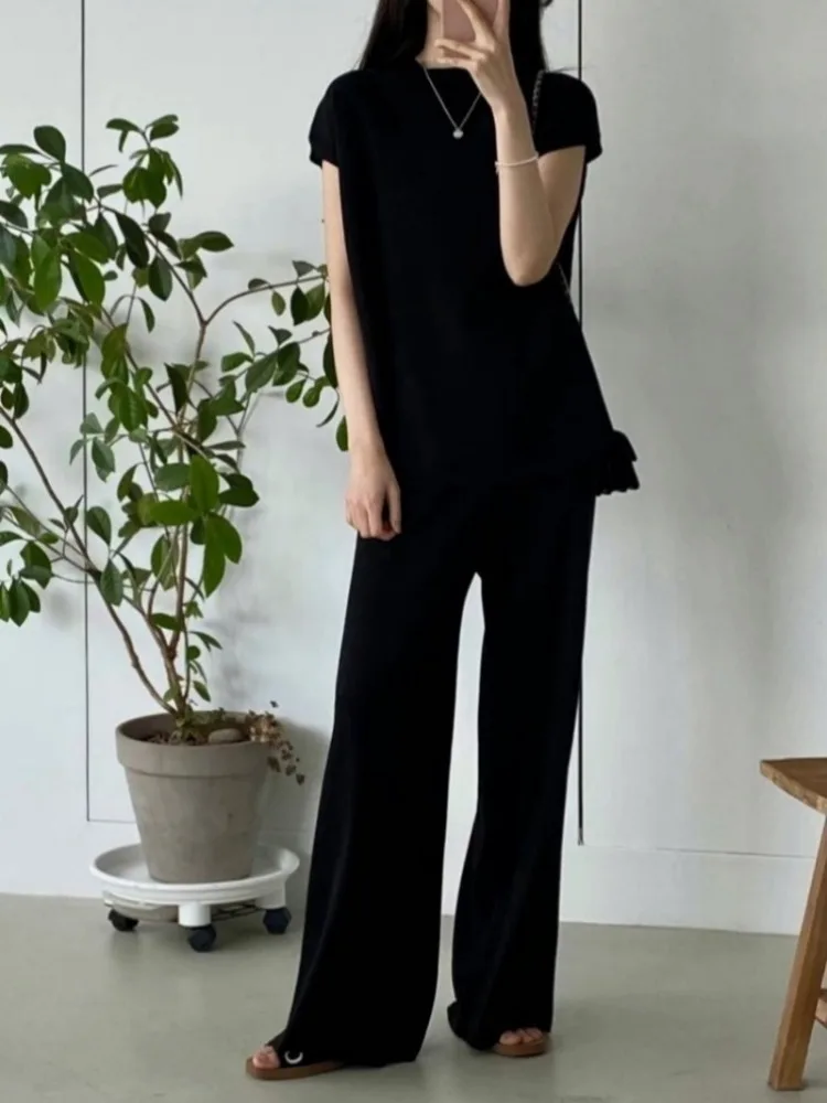 Neploe 2024 Summer New Sleeveless Mid-length Tops Women+ High Waist Loose Wide Leg Pants Y2k Black Knitted Two Piece Sets