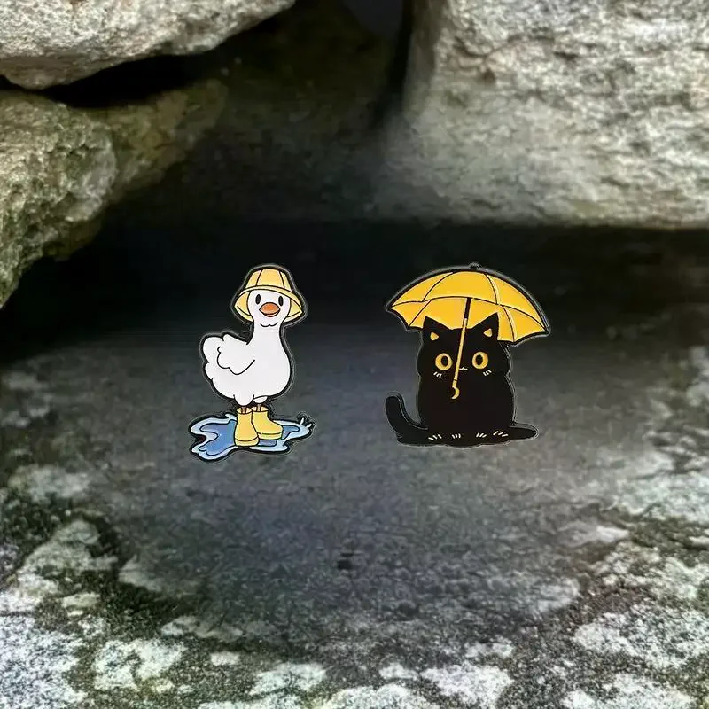 Funny Black Cat With Umbrella Enamel Pins Duck With Rain Boots Metal Brooches Lapel Badge Jewelry Gifts For Friends