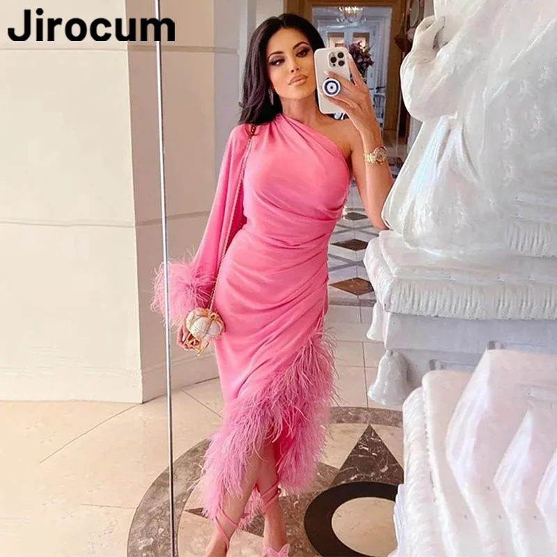 Jirocum sexy rosa eine Schulter Abendkleid Frauen unregelmäßige Feder Party Ballkleid knöchel lange formelle Anlass Kleider 2024