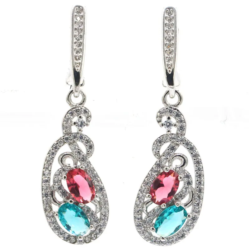 39x11mm 4.3g Stunning Multi Color Real Red Ruby Kunzite Morganite Blue Aquamarine CZ Women Present Silver Plated Dangle Earrings