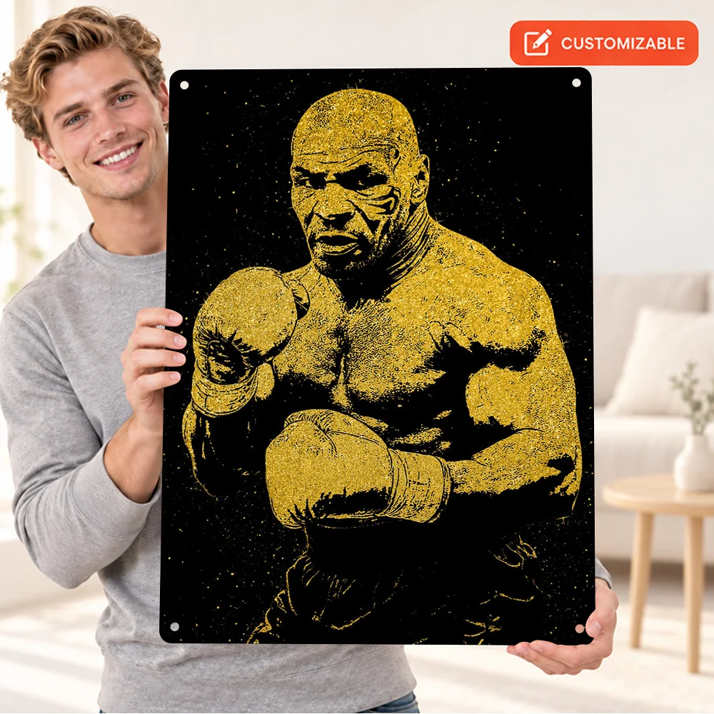 Mike Tyson Boxer Printed Poster Personalized Aluminum Metal Sign Black Gold Grain Stencil Graphic Wall Art For Training Room