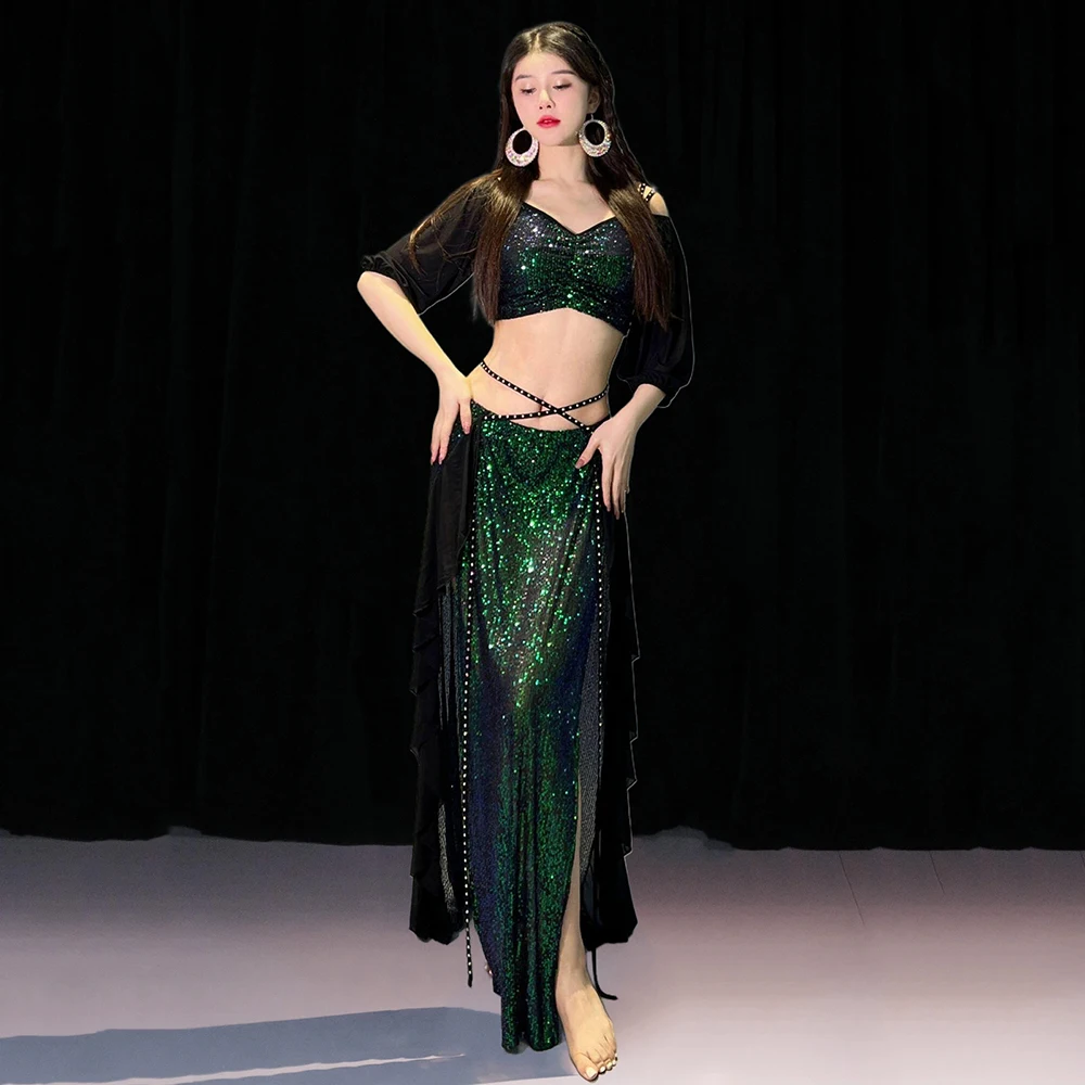 

Women Sparkle Sequins Costume Elegant Belly Dance Outfit Shiny Long Skirt Girls Class Group Dance Outfit Oriental Dance 2 Pieces