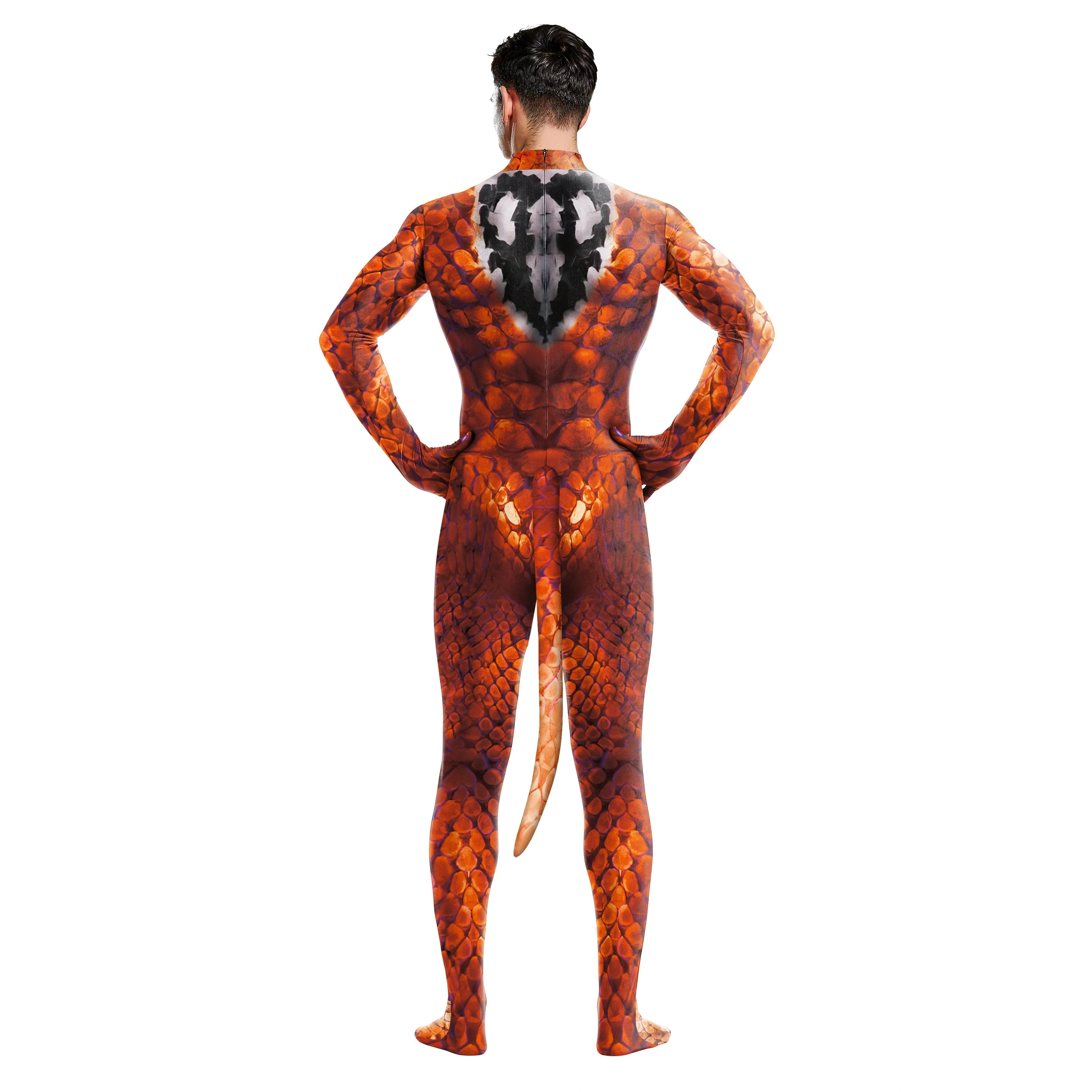 Halloween Men Snake Cosplay Costume with Dog Tail Animal Digital Printing Full Bodysuit Male Sexy Bodysuit with Tail Back Zipper