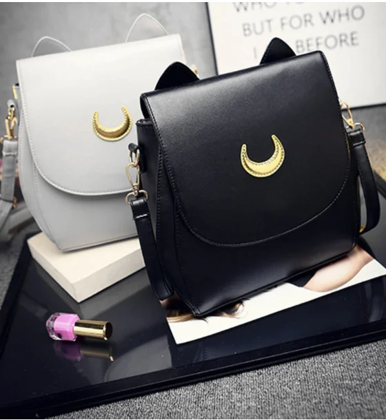 3 year warranty multifunctional PU leather Cat Ear moon Black Women Shoulder Crossbody Bag for Girl Messenger borsa