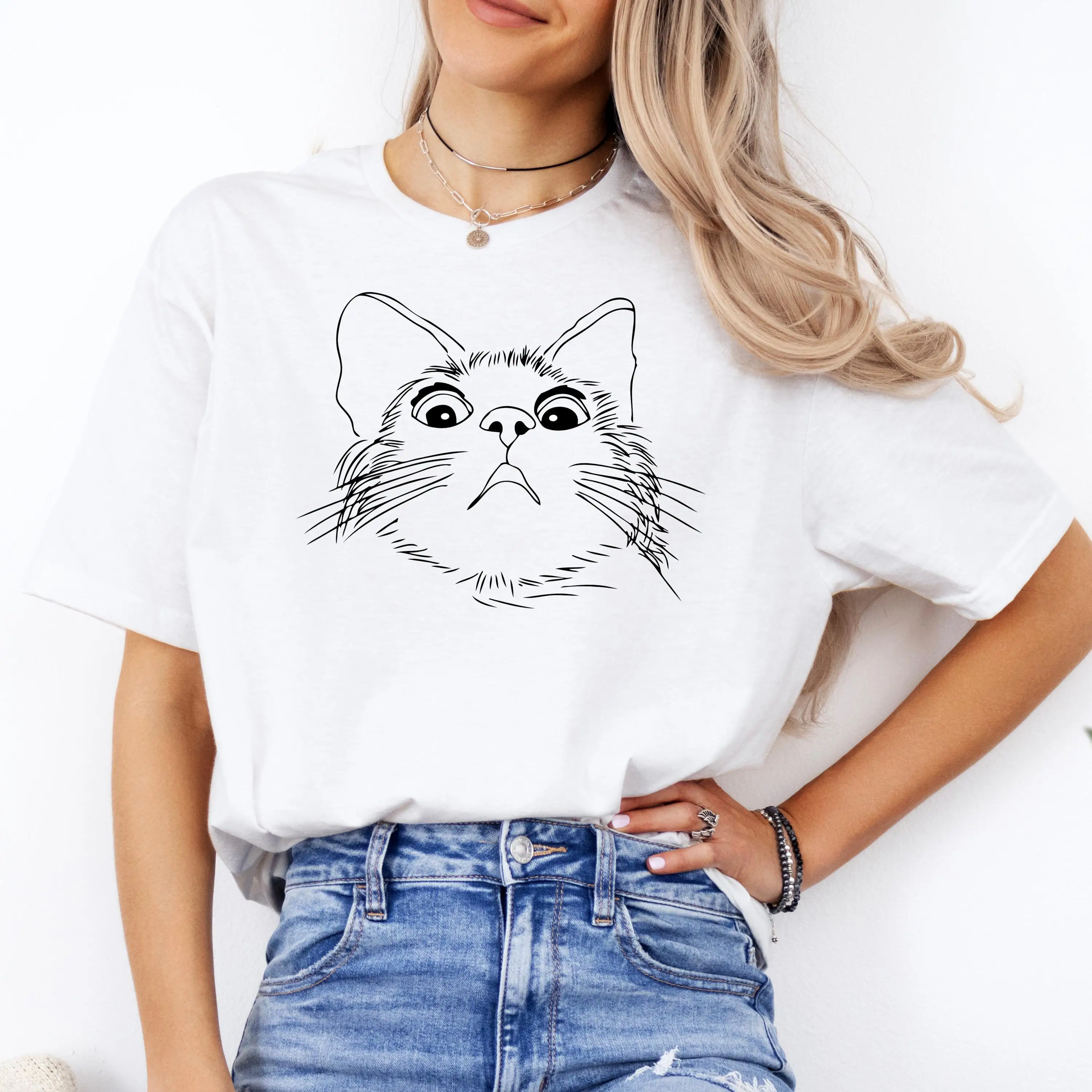 

Plus Size Summer Women's Retro Cat Line Art T-Shirt Cotton Breathable Stylish Versatile Street Style Oversized